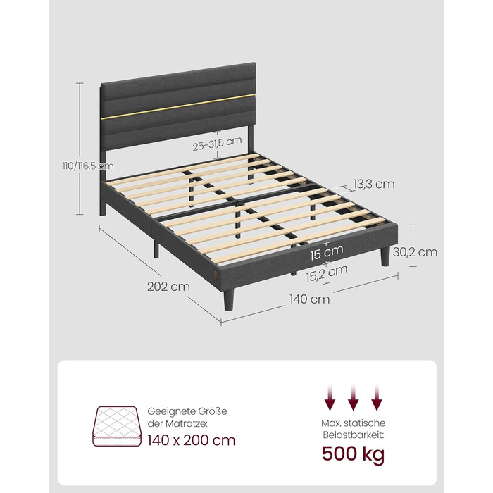 М&39яке ліжко, каркас двоспального ліжка, каркас ліжка, підходить для матраца 140 x 200 см, регульоване м&39яке узголів&39я, каркас ліжка, метал, масив дерева, сучасний, сланцево-сірий RMB504G01 140 x 200 см Сланцево-сірий