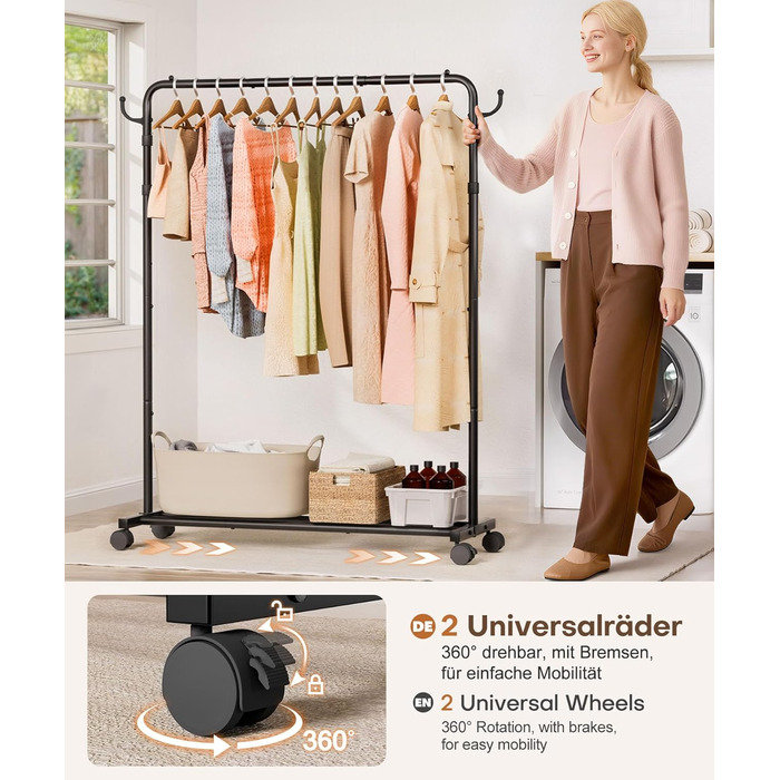 Багатофункціональна вішалка для одягу Yorbay з регульованою висотою на колесах міцна металева вішалка для одягу з полицею для багажу - компактна вішалка для одягу для спальні та пральні (117,5 см) чорного кольору 117,5 см