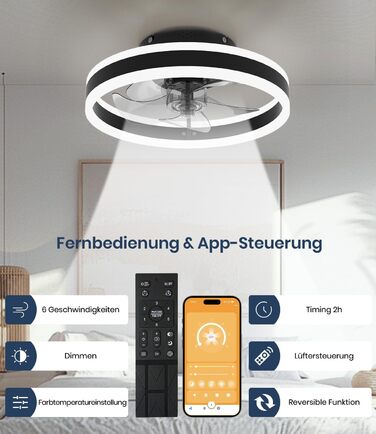 Стельовий вентилятор Nalezuns, світлодіодний стельовий вентилятор з підсвічуванням, 3 колірні температури і 6 швидкостей стельовий