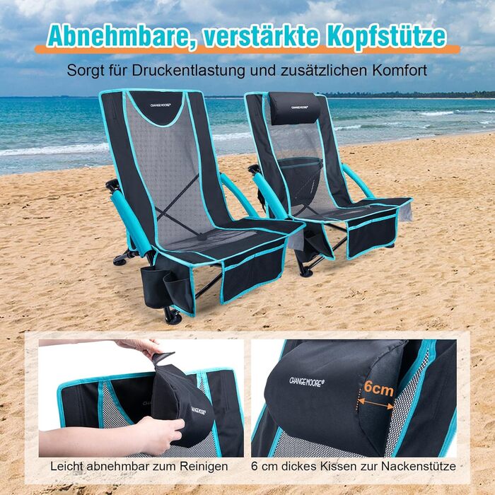 Пляжний стілець CHANGEMOORE з сумкою-холодильником 2-в-1, складний, 136 кг, вкл. тримач для напоїв, знімну подушку та сумку для перенесення для пляжу, саду, пікніка, подорожей (синій) комплект з 2 предметів