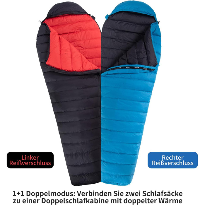 Пуховий спальний мішок, зимовий спальний мішок, наповнений качиним пухом щільністю 650. Сертифіковано RDS. Підходить для температур від 8C до -30C, ідеально підходить для кемпінгу та альпінізму. Чорний 8C
