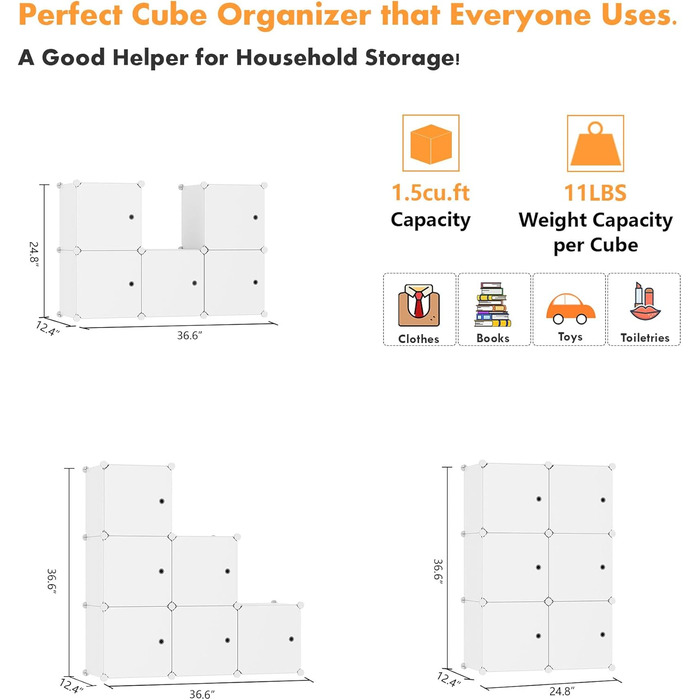 Кубоподібний модуль для зберігання з дверцятами, 6 кубічних полиць, гардеробна шафа, модульна пластикова полиця, ідеально підходить для спальні, 93,5 см Д x 31,8 см Ш x 93,5 см В, молочно-білий, USHS3006M-DOOR