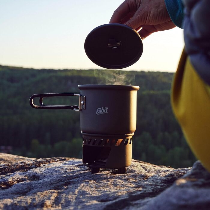 Набір для приготування їжі на твердому паливі Esbit - Кемпінгова плита на відкритому повітрі 585 мл з алюмінієвою каструлею - складні ручки - Кемпінговий каструльний набір 585 мл з твердоанодованого алюмінію