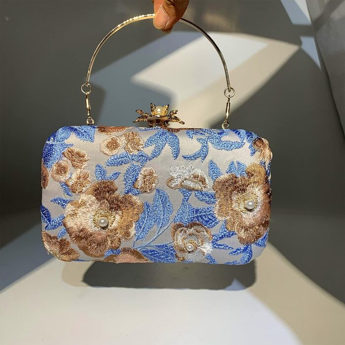 Клатч вишитий з перлами, вечірня сумочка у вінтажному стилі для урочистих подій, весілля, світло-блакитний