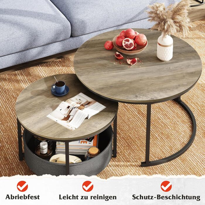 Набір з 2 круглих журнальних столиків WLIVE, сучасний круглий стіл для вітальні, бічний столик з тканинним кошиком, діаметр 80 см, журнальний столик для спальні, домашнього офісу (сірий дуб)
