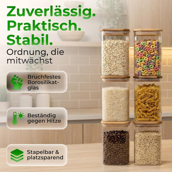 Банки для зберігання з кришками з акації квадратні/прямокутні скляні банки для зберігання герметичні та штабельовані кухонні контейнери для зберігання 6x800 мл