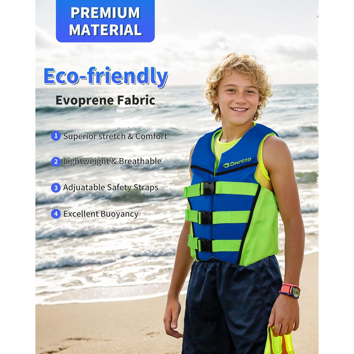 Рятувальний жилет Owntop для підлітків та дітей, регульований рятувальний жилет з потрійними ременями безпеки, легкий рятувальний жилет для каякінгу, плавання, риболовлі, жилет для підводного плавання, синій, розмір M