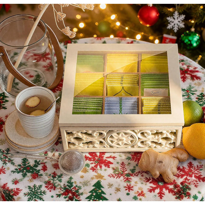 Вінтажна чайна коробка - Дерев&39яна коробка для зберігання чайних пакетиків - Коробка для чайних пакетиків з оглядовим віконцем - Чайний ящик з 9 відділеннями - Колір &quotшеббі-білий&quot