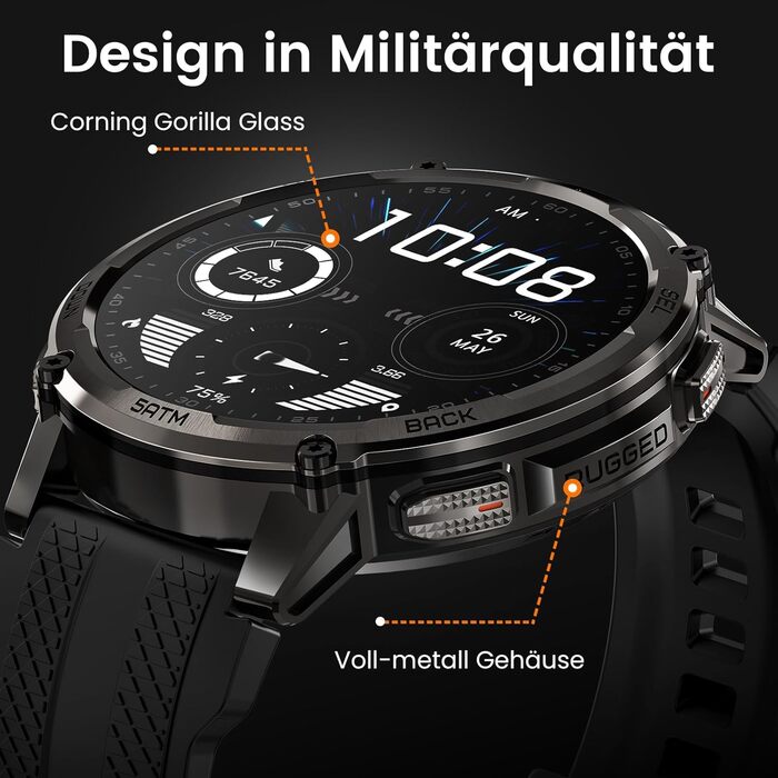 Розумний годинник KOSPET TANK T4C для чоловіків зі світлодіодним підсвічуванням, 1,5-дюймовим AMOLED-дисплеєм, дводіапазонним GPS та компасом, наддовгим часом автономної роботи, цілодобовим відстеженням серцевого ритму та сну, водонепроникністю до 50 м, д