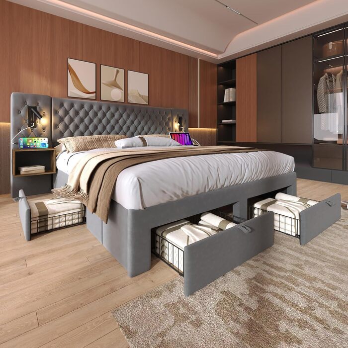 Двоспальний комплект ліжка 180 x 200 см з 2 тумбочками та 4 шухлядами, узголів&39ям зі світлодіодним підсвічуванням та функцією зарядки через USB - повний спальний гарнітур, оксамит, без матраца 180x200 сірий B