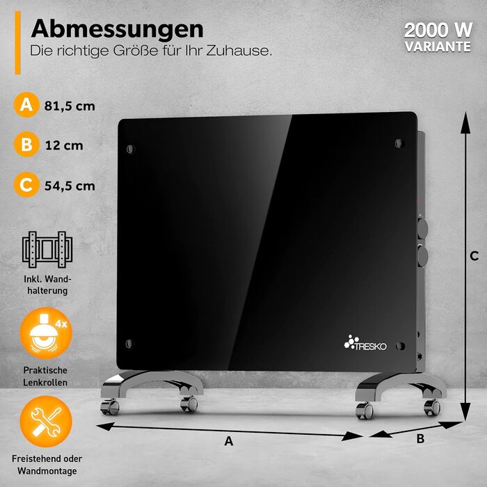 Електричний скляний конвекторний обігрівач TRESKO 2000 Вт Електричний скляний обігрівач Конвекторний обігрівач-радіатор Електричний радіатор, окремостоячий або настінний обігрівач, чорний / 2000 Вт
