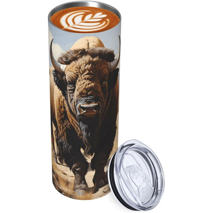 Кухоль з прямою трубочкою, дизайн стадо північноамериканських бізонів, друкований, дорожній кухоль, підходить для кемпінгу, офісу та дому, 590 мл