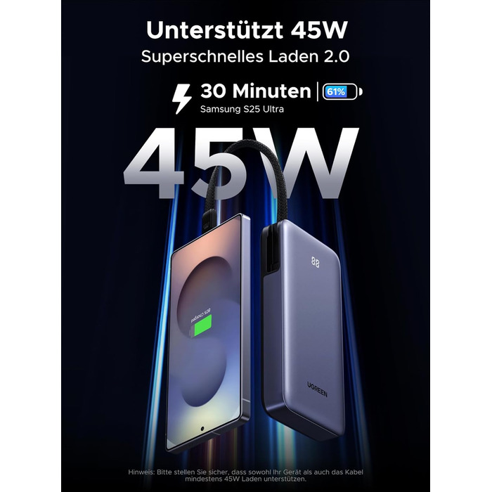 Зовнішній акумулятор UGREEN Power Bank, швидка зарядка 20000 мАг 45 Вт з вбудованим кабелем USB-C та двонаправленою зарядкою 45 Вт, сумісний з Galaxy S25 Ultra/S25, iPhone 17/16 серії, iPad, ноутбуком та іншими пристроями
