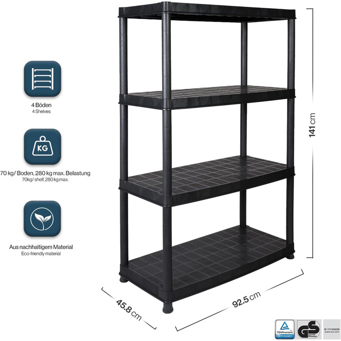 Міцний стелаж Kreher XL за вигідною ціною 92,5 x 45,8 x 141 см з 4 полицями та загальним навантаженням 280 кг Сертифіковано TV Rheinland.