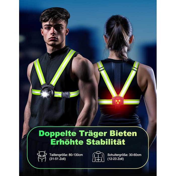 Біговий ліхтар для бігу, нагрудний ліхтар альтернатива налобному ліхтарю, 500 люмен, нахил 45, 2 кольори світла, заряджання через USB-C, IPX4, подвійний ремінець із відбивачами на 360 для кемпінгу, активного відпочинку на свіжому повітрі, їзди на велосипе