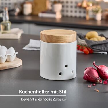 Контейнери для зберігання цибулі та часнику, керамічні, білі з дерев&39яною кришкою та бамбуком, круглі, у вінтажному сільському стилі, набір горщиків для цибулі та часнику, глянцеві, без етикетки