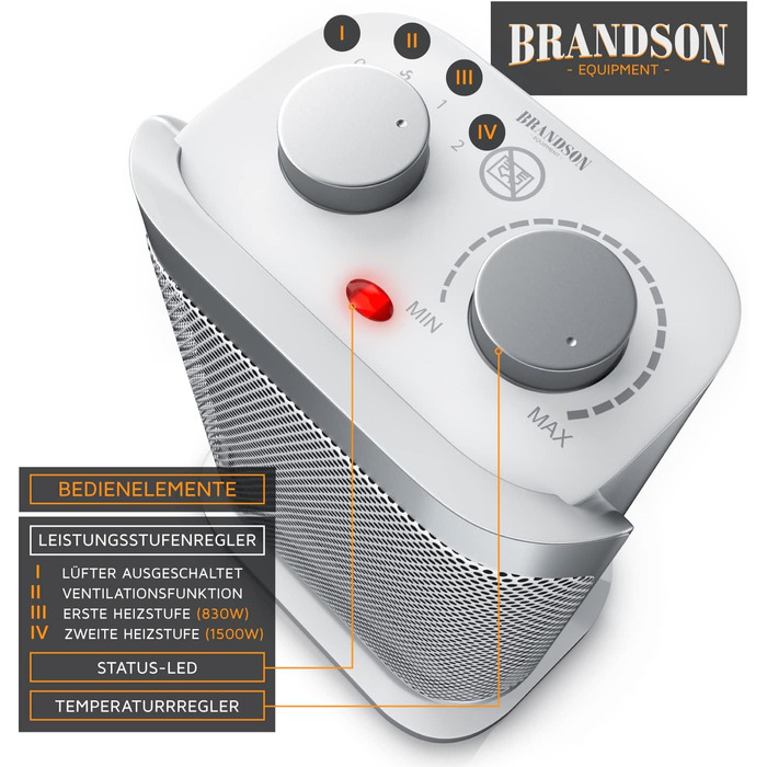 Енергозберігаючий, тихий вентилятор-обігрівач - 1500 Вт - 2 рівні потужності - Вентилятор-обігрівач для ванної кімнати - Плавне регулювання температури - Керамічний нагрівальний елемент - Термічний запобіжник - Нагрівач D Сріблястий / Білий