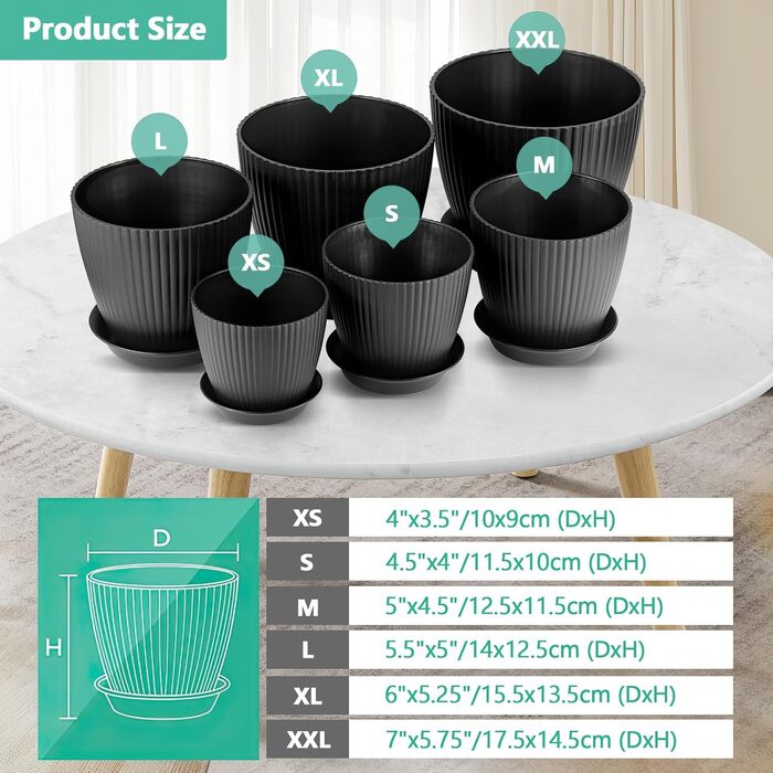 Набір з 6 квіткових горщиків з блюдцями, 6 розмірів горщиків для рослин 17,5/15,5/14/12,5/11,5/10 см, пластикові квіткові горщики для кімнатних та балконних садів, набір горщиків для рослин, чорний
