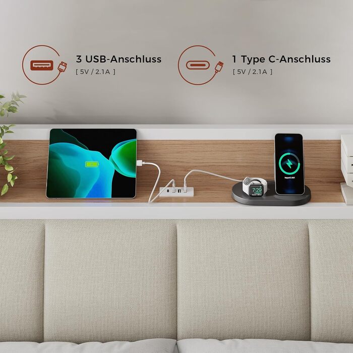 Ліжко 140x200 см, металевий каркас ліжка, основа ліжка з рейковою основою, зарядна станція, 2 шухляди, металевий каркас та дерев&39яне узголів&39я з місцем для зберігання, для спальні, гостьової кімнати, білий натуральний 140 x 200 см білий натуральний