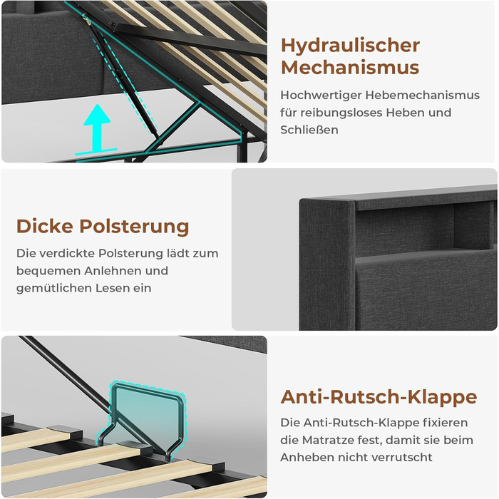 М&39яке ліжко-диван-ліжко 140x200 з USB-розетками та гідравлічним відділенням для зберігання, Ліжка 140x200 зі світлодіодним узголів&39ям та рейковою основою, Дитяче ліжко-кушетка, Двоспальне ліжко, Льняне, Темно-сірий (без матраца) 140 x 200 см Темно-сір