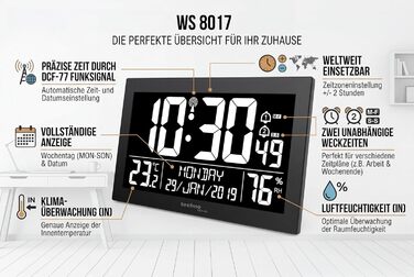 Цифровий радіозадухований годинник Technoline WS8017 з DCF77 великий LED-дисплей, термогігрометр, 2 будильники з функцією відкладання, календар до 2099 р., формат 12/24г, настінний та настільний варіант, біле LED-підсвічування, блок живлення в комплекті