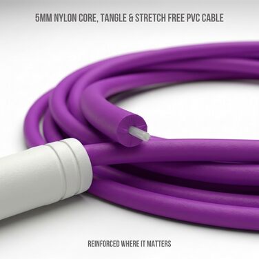 Професійна швидкісна скакалка Elevate Rope, регульована, 3 м, ПВХ 5 мм з нейлоновим сердечником для кардіо, подвійних стрибків та кросфіту, міцна скакалка для тренувань у приміщенні/на вулиці (фіолетова)