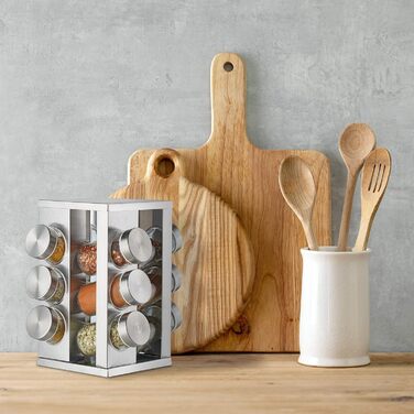 Карусель для спецій Relaxdays з 12 банками для спецій, обертається на 360, нержавіюча сталь, скло, ВxГ 22 x 19 см, квадратна підставка для спецій, срібляста, 10032729