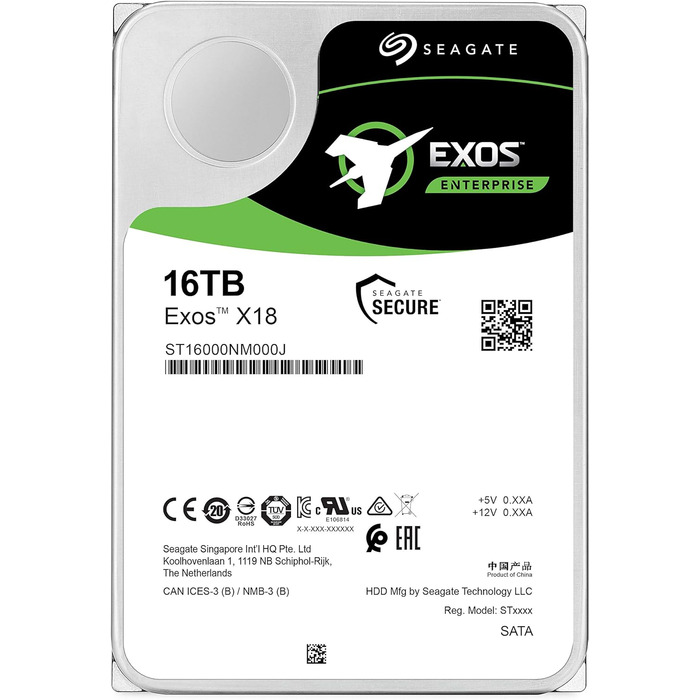 Жорсткий диск Seagate Exos X18 Enterprise на 16 ТБ, CMR 3,5 дюйма, високошвидкісний SATA 6 Гб/с, 7 200 об/хв, 512e, 4Kn FastFormat, низька затримка з покращеним кешуванням, номер моделі ST16000NM000J (Refurbished) SATA 16 To 512E/4KN