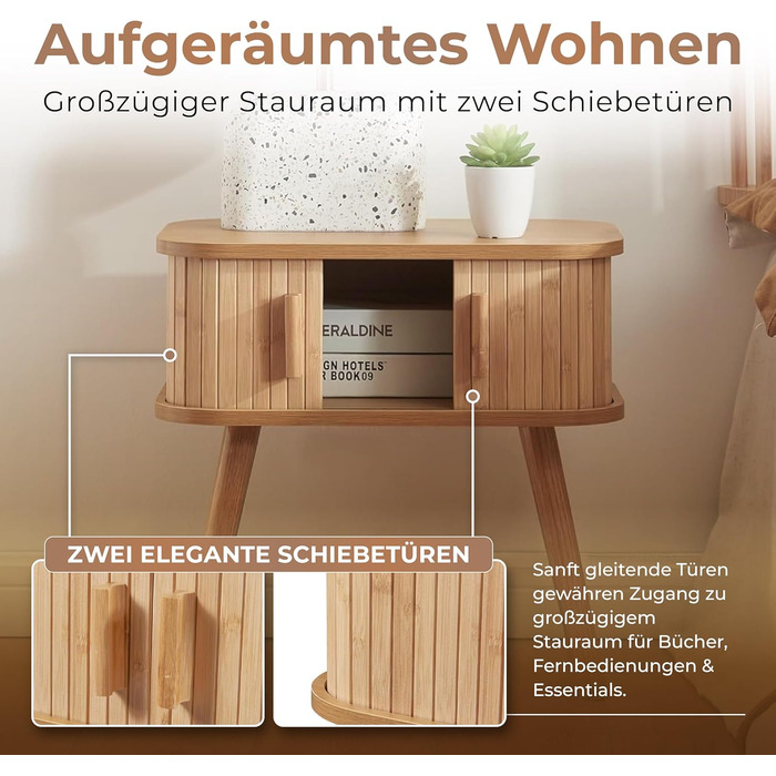 Приліжковий столик з 2 розсувними дверцятами Бамбуковий приліжковий столик з дерев&39яними ніжками 48 x 30 x 45 см