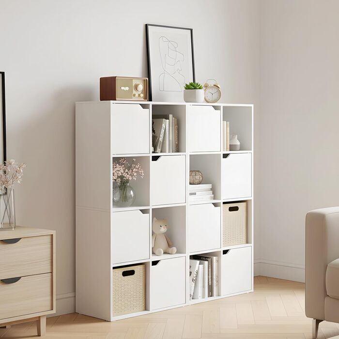 Книжкова полиця для кабінету, спальні та вітальні, книжкова шафа з 4 дверцятами та 8 відділеннями, полиця для зберігання, окремостояча полиця, офісна полиця, полиця для файлів, полиця для папок, 60 x 30 x 120 см