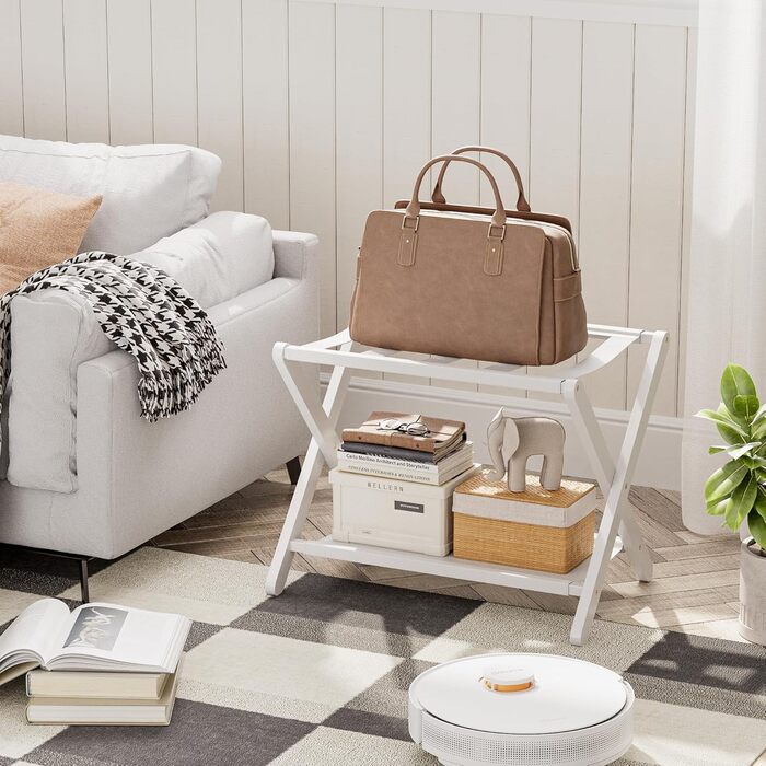 Багажник, складний бамбуковий багажник з полицею для гостьових кімнат, спалень, готелів, шаф (білий)