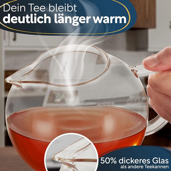 Чайник скляний з ситечком 1,5 літри, потовщене скло для кращої термоізоляції, підходить для використання зі свічковим підігрівачем, термочайник, міцний чайник для заварювання (1500 мл)
