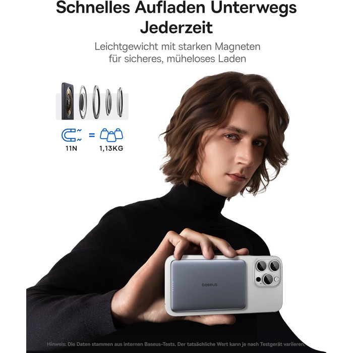Портативний зовнішній акумулятор Baseus Picogo AM41, ультратонкий зовнішній акумулятор MagSafe ємністю 5000 мАг, швидка зарядка PD 20 Вт, бездротовий, магнітний, з кабелем USB-C для iPhone 17/16/15/14/13/12, колір космічний сірий, 5000 мАг