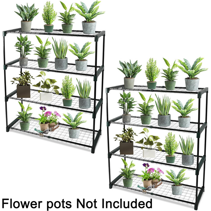 Садова полиця DIVCHI на 4 рівні Полиця для теплиці Полиця для сараю Полиці для рослин Полиця для гаража Вітрина для теплиці легке складання без інструментів (2 шт.) (Квіткові горщики не входять до 2 шт. (4-рівнева))