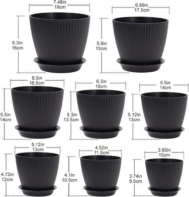 Набір з 8 квіткових горщиків з блюдцями, 19/17,5/16,5/16/14/13/11,5/10 см, пластикові кашпо, гідропонні горщики, набір квіткових горщиків, ідеально підходить для кімнатних та балконних садів, чорний 19/17,5/16,5/16/14/13/11,5/10 см, чорний
