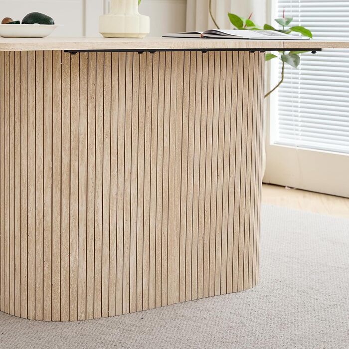 Сучасний обідній стіл на 4-6 осіб, прямокутний кухонний стіл 160 см (травертин) з важкою основою-тумбою для вітальні, кухні, квартири, жовтий