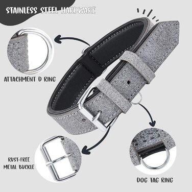 Нашийник для собак Riparo K-9, м'який, з натуральної шкіри, регульований, міцний (XL ширина 4,5 см для обхвату шиї 53,4-63,5 см, сірий/білі нитки) XL Сірий/Білі нитки