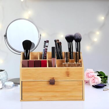 Органайзер для косметики Relaxdays, Органайзер для макіяжу з шухлядою, Тримач для пензлів, Бамбук, ВxШxГ 19 x 25,5 x 12,5 см, Натуральний