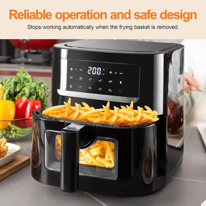 Аерофритюрниця Фритюрниця з оглядовим вікном, Emphsism Airfryer XXL 7L 1700W з цифровим світлодіодним сенсорним екраном, 10 програм, фритюрниця гаряче повітря без жиру, функція підігріву та вбудоване освітлення