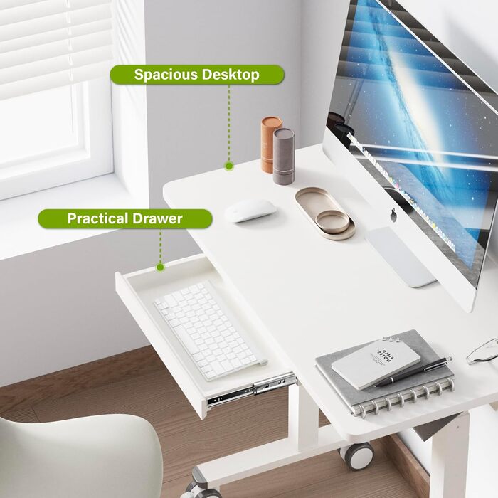 Комп&39ютерний стіл з пневматичним регулюванням висоти (88x50 см), стіл для ноутбука з колесами та шухлядою, стіл над ліжком, стіл для роботи сидячи та стоячи для офісу, вітальні, спальні, невеликих приміщень, білий