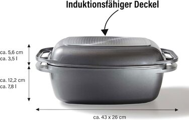 Лита алюмінієва жаровня з кришкою 43x26 см, 7,8 л Індукційна духовка безпечна для всіх типів плит, кришку можна використовувати як