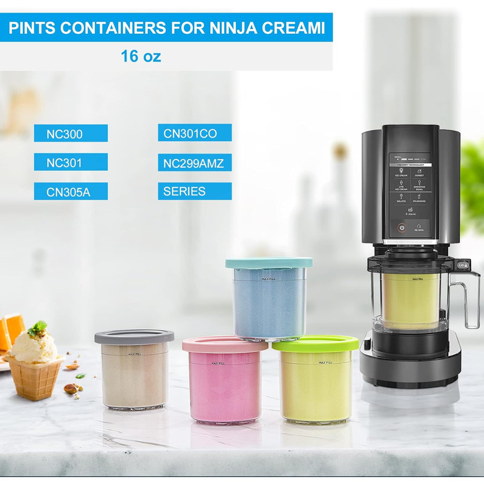 Набір GoMaihe з 4 контейнерів Creami для морожениці Ninja Creami - Ванни Аксесуари для NC301 NC300 серії NC299AMZ, без бісфенолу А, можна мити в посудомийній машині, герметично - в рожевому, зеленому, сірому та синьому кольорах