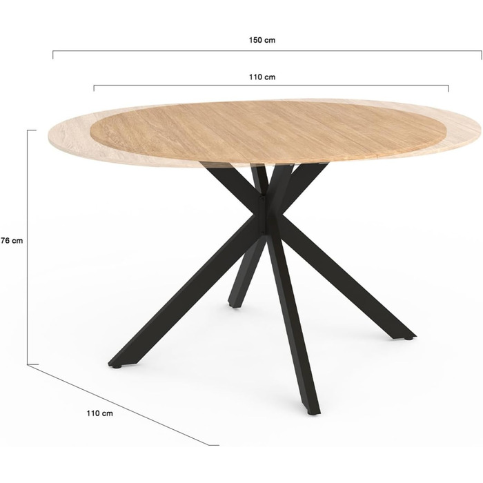 Розкладний круглий обідній стіл ALIX 4-8 персон на ніжках-павуках, дерево та чорний колір, 110-150 см