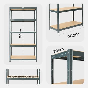 Надміцний стелаж Arebos, комплект з 2 шт. 180x90x30 см Вантажопідйомність 875 кг 0,7 мм 5 полиць МДФ Стелаж, стелаж для зберігання, стелаж для підвалу, стелаж без болтів, стелаж для майстерні Антрацит