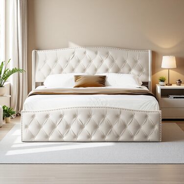 М&39яке ліжко 140x200 з місцем для зберігання, гідравлічне ліжко з місцем для зберігання, дитяче ліжко з узголів&39ям, каркас двоспального ліжка з ящиком для зберігання та рейковою основою, без матраца, оксамит (Бежевий 2, 140 x 200 см) Бежевий 2 140 x 20