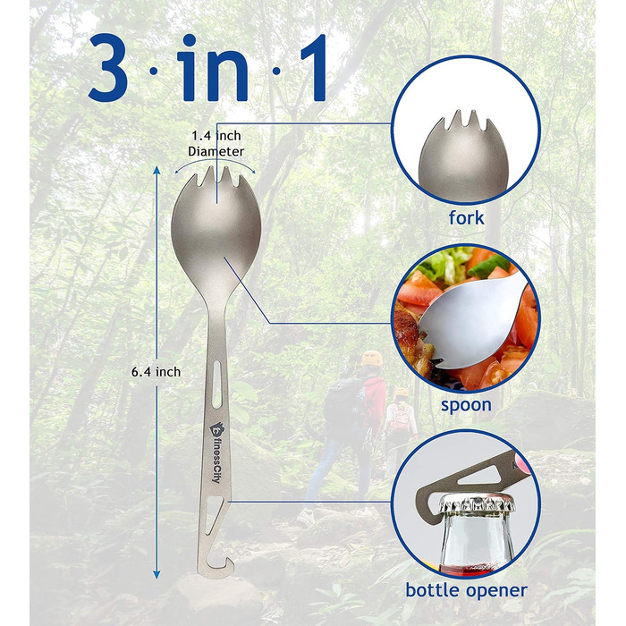 Титанова ложка-виделка з відкривачкою для пляшок, надзвичайно міцна, надлегка (Ti), здорова та екологічна ложка, виделка та відкривачка для пляшок для подорожей/кемпінгу в тканинній сумці, яку легко зберігати, Silver Spork 2 Unit