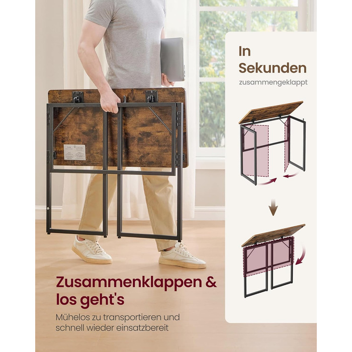 Складаний стіл, Невеликий складаний стіл, Комп&39ютерний стіл, Цільна стільниця, Закруглені кути, Стіл для домашнього офісу, Спальня, 80 x 40 см, Вінтажний коричневий LWD151KD01 80 x 40 см Вінтажний коричневий