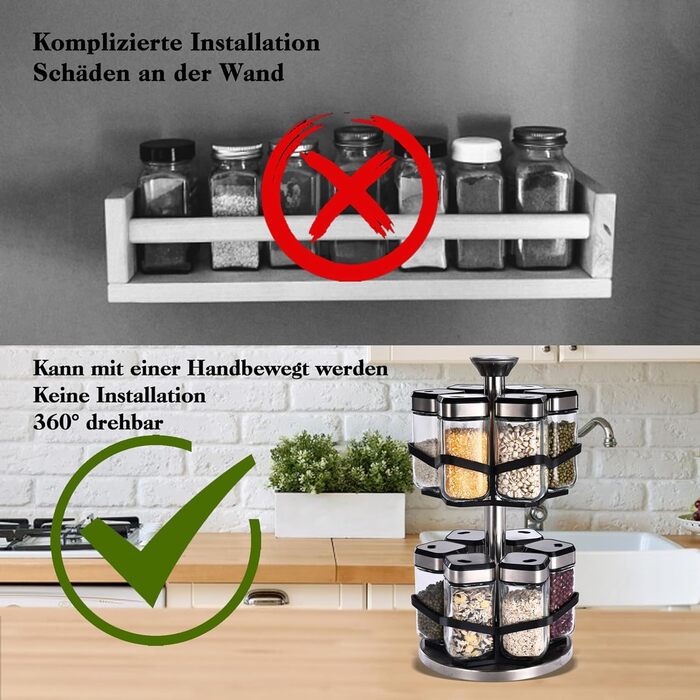 Обертова підставка для спецій з 2 ярусами та 12 баночками для спецій по 120 мл, розмір отвору у формі годинника на 360, карусель для спецій, що обертається на 360, підставка для спецій з нержавіючої сталі, органайзер для спецій для легкого доступу до спец