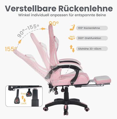 Ергономічне ігрове крісло з функцією масажу та підставкою для ніг регульоване по висоті, підтримка голови та попереку, поворот на 360, вантажопідйомність 150 кг, рожево-білого кольору. Рожево-білий 116,5 x 52,0 x 64,5 см