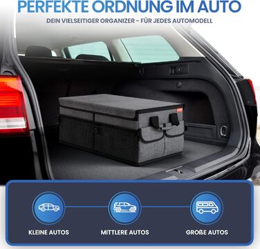Органайзер для багажника преміум-класу HELDENWERK з кришкою міцний та нековзкий. Складаний органайзер для автомобіля великого розміру з подвійним дном. Чорно-сіра коробка для багажника з чорною облямівкою.